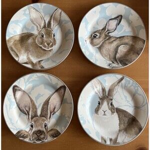 Williams Sonoma DAMASK EASTER BUNNY SALAD PLATES 8" Blue Set of 4 Retired